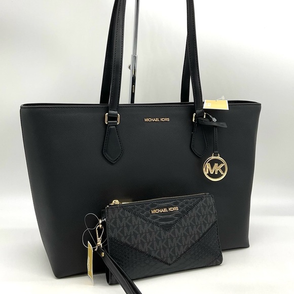 Michael Kors Bag Large Sheila Mf Tote Bag & Large Double Zip Wallet Black/Gold - Picture 3 of 14